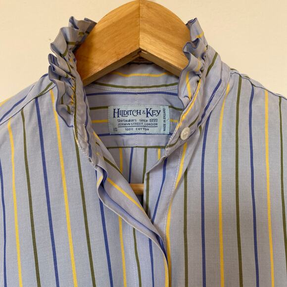 Vintage London Blue Striped Button-up Frilly Blouse Long Sleeve Hilditch & Key - Picture 4 of 9